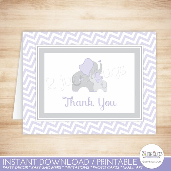 Purple Elephant Thank You Card Folded Note Card Template Chevron Elephant Baby Shower Folded Thank You Card Template