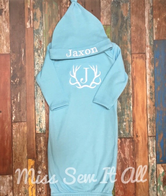 Baby Boy Deer Antler Baby Gown and Hat by MissSewItAllBoutique
