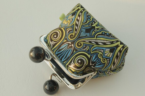 Silver metal frame coin purse/ large black beads/art deco