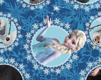 Sale - Frozen Fleece - Disney's Frozen Characters in Cameos on Fleece - Olaf, Sven, Anna, Elsa, Kristov - Blue, Stars