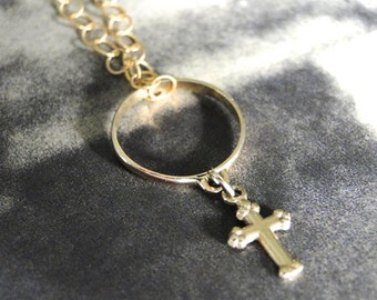 14K Gold Vintage Cross and Charm Necklace, Jewelry, Vintage Art Deco 14k Gold Cross, 14k Gold Filled Textured Chain, Gold Cross