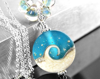 Dark Aqua Blue Ocean Wave Necklace Sterling Silver Artisan Handmade Lampwork Pendant Necklace Frosted Blue Nautical Jewelry Beach Necklace