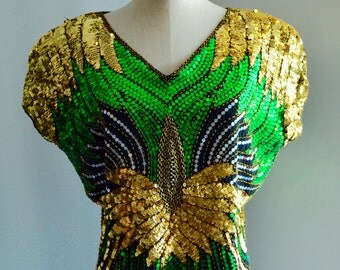 Vintage 70s DISCO Embroidered SEQUINED BUTTERFLY Lotus Flower Top Dance Party Gorgeous