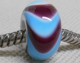 Handmade Glass Lampwork European Charm Bracelet Bead Large Hole Bead White with Dark Purple and Light Blue Swirl