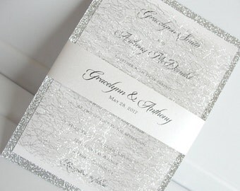 Glitter Invitation, Wedding Invitation, Elegant Wedding Invitation, Rustic Wedding Invitation, Silver Wedding Invitation,MESH GLITTER-DOUBLE