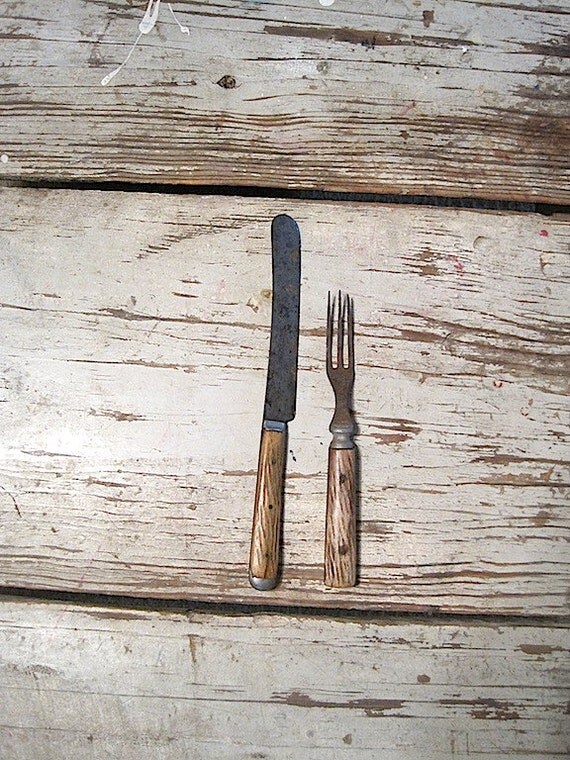 Old Primitive Bone Handle Knife and Fork