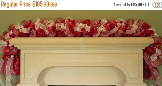 END of YEAR SALE Red White Christmas Garland, Deco Mesh Garland, Garland for Doors, Mantle Garland, Item 1123