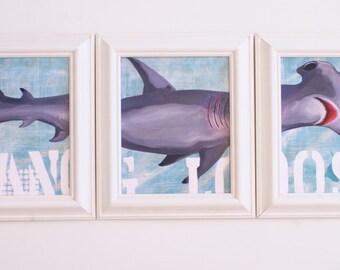 Shark Decor Framed Triptych Whale Art Beach Decor Beach Kids Room Beach Baby Nursery Whale Baby Nursery Christina Rowe Beach Art Mangoseed