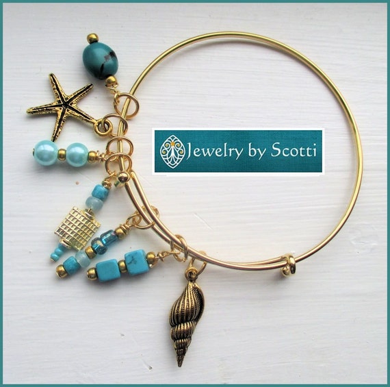 Teal Gold Bangle Bracelet, Her Beach Bracelet, Her Gold Bracelet, Her Bangle Bracelet, Stackable Bracelet, Starfish Shell Stacks