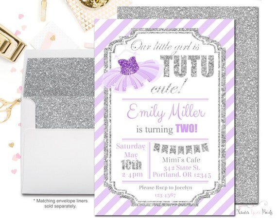 LAVENDER Tutu Birthday Invitations, Tutu Party Invitation, Girls 1st Birthday Invitation, Glitter Birthday Invitations, Ballerina Party Il_570xn