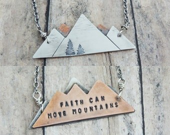 Inspirational Mountain Necklace - Faith Can Move Mountains - Reversible Nature Inspired Pendant - Rustic Christian Jewelry - Bible Scripture