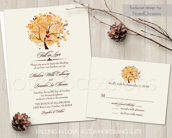 Rustic Fall Wedding Invitation Set Printable Autumn Oak Tree Rustic Fall Wedding Invitation Set Printable Autumn Oak Tree