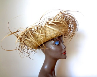 1950s-60s Sun Hat - beach resort straw hat - vintage tiki accessory
