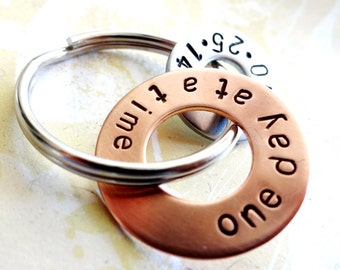 One Day At A Time Sobriety Gift - Hand Stamped Copper Washer and hardware washer Keychain