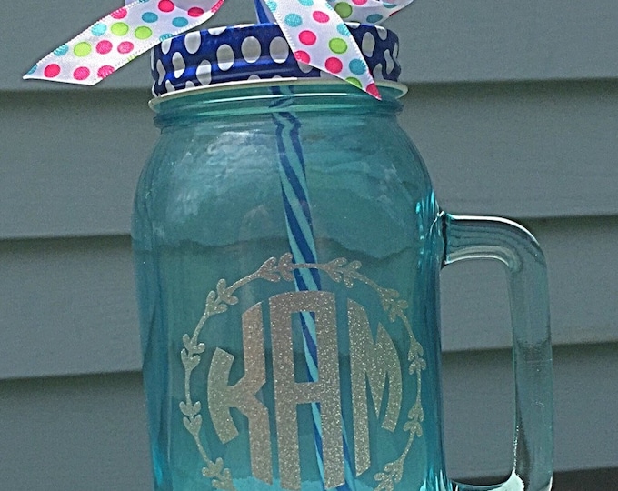 Personalized 20 oz Vintage Blue Mason Jar w/ Lid Striped straw, Custom Mason Jar Mug, Mason Jar Glasses, Glass Beer Mug, Monogram Name Mug
