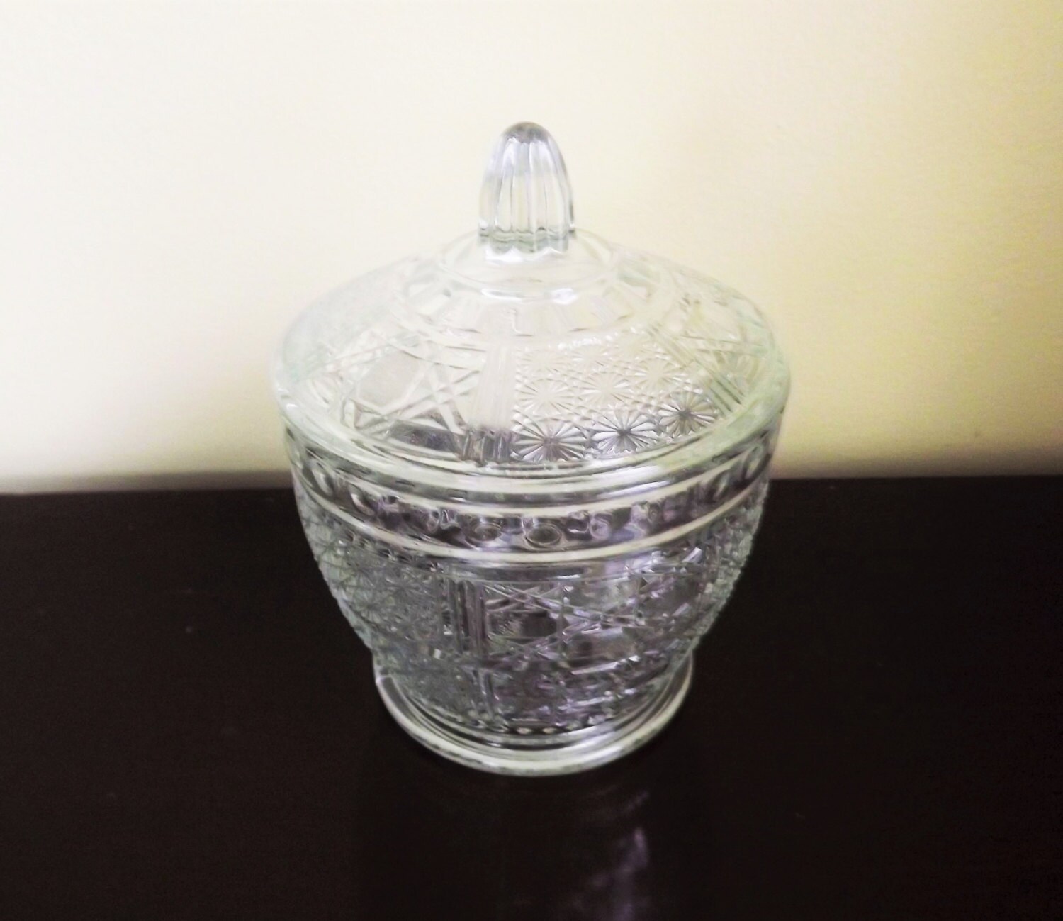 Vintage Candy Jar Daisy and Cane Pressed Glass Condiment Jar