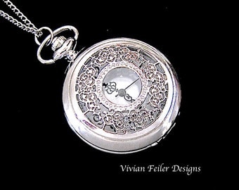 Pocket Watch Necklace SILVER VICTORIAN Style Lace Filigree Christmas Gifr Graduation Birthday