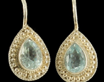 Vintage Sterling Pear Shaped 1.48CTTW Blue Topaz Omega Back Earrings 3/4"