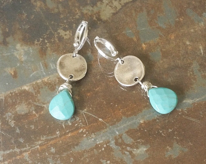 Turquoise Silver Disc Earrings, Turquoise Disc Earrings, Turquoise Earrings, Silver Disc Earrings, Silver Turquoise Earrings, Disc Earrings