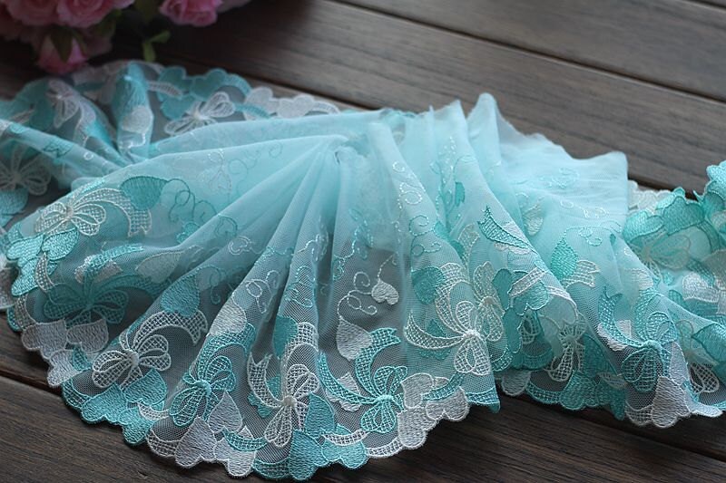 2 Yards Lace Trim Heart Bow Embroidered Cyan Tulle Lace 7.48 Inches ...