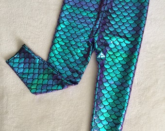Girls Mermaid leggings Baby Toddler Purple and Turquoise two tone Birthday scale pants 3 6 9 12 18 24 months 2T 3T 4T 5T 6 7 costume teal