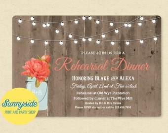 Rehearsal Dinner Invitation, Rustic Mason Jar Rehearsal Invite, Barnwood Twinkle Lights, Printable, You choose flower