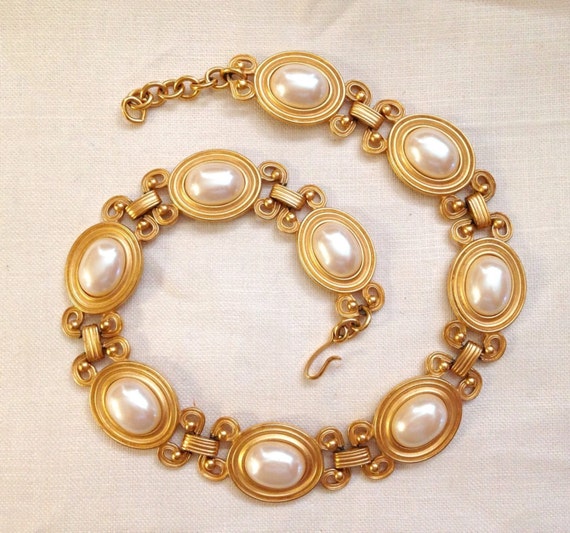 MONET Gold Pearl Cabochon 1970s Byzantine Etruscan Runway