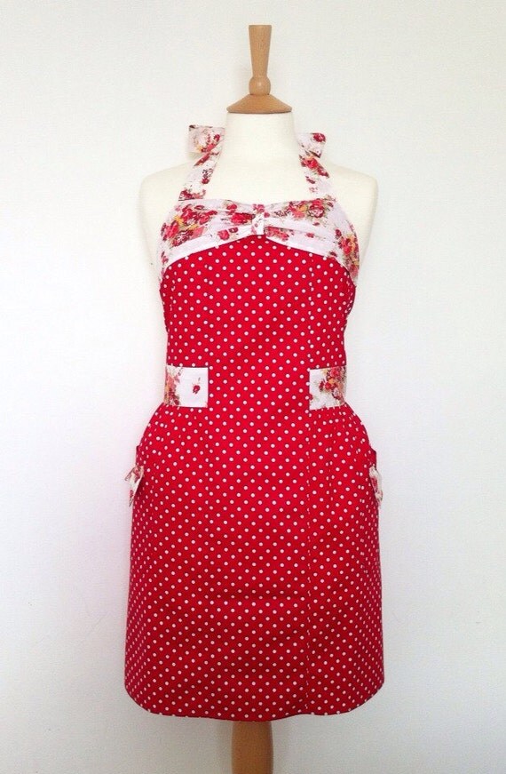 Retro apron with bow white Polka Dots on red by RosieAnnShop