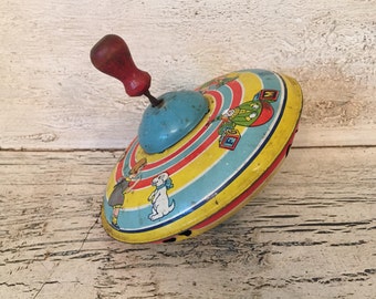 Vintage Toy Tin Top - 1950s Litho J. Chein Top - Vintage Nursery, Play Room Decor - Baby Shower