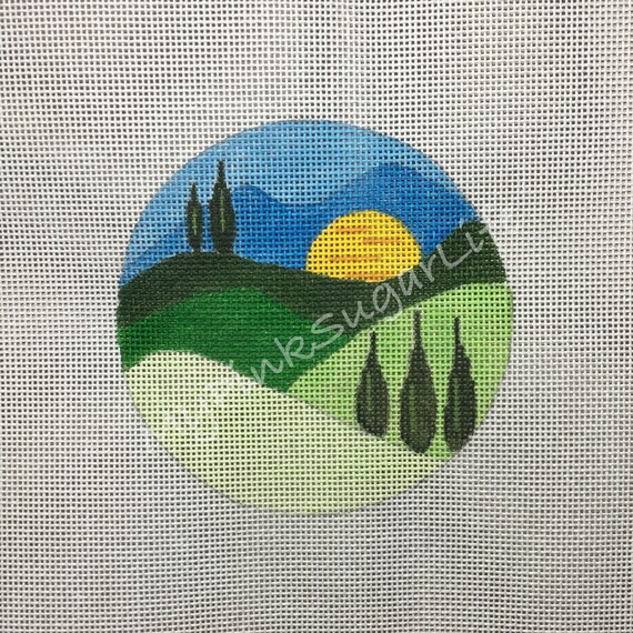 Hand Painted Hillside 4 ornament Needlepoint Canvas by