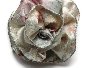 Silver Floral Ribbon Corsage or Barrette, Fiesta Bow, Hair Barrette Bow, Wedding prom or party, Pastels with Silver Metallic Edge, Big bow