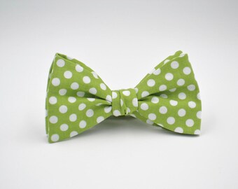 Freestyle Bow Ties, Apple Green Polka Dot Bow Tie, Self Tie Bow Tie, Green Bowtie, Adjustable Length- Remove with Bow In Tact