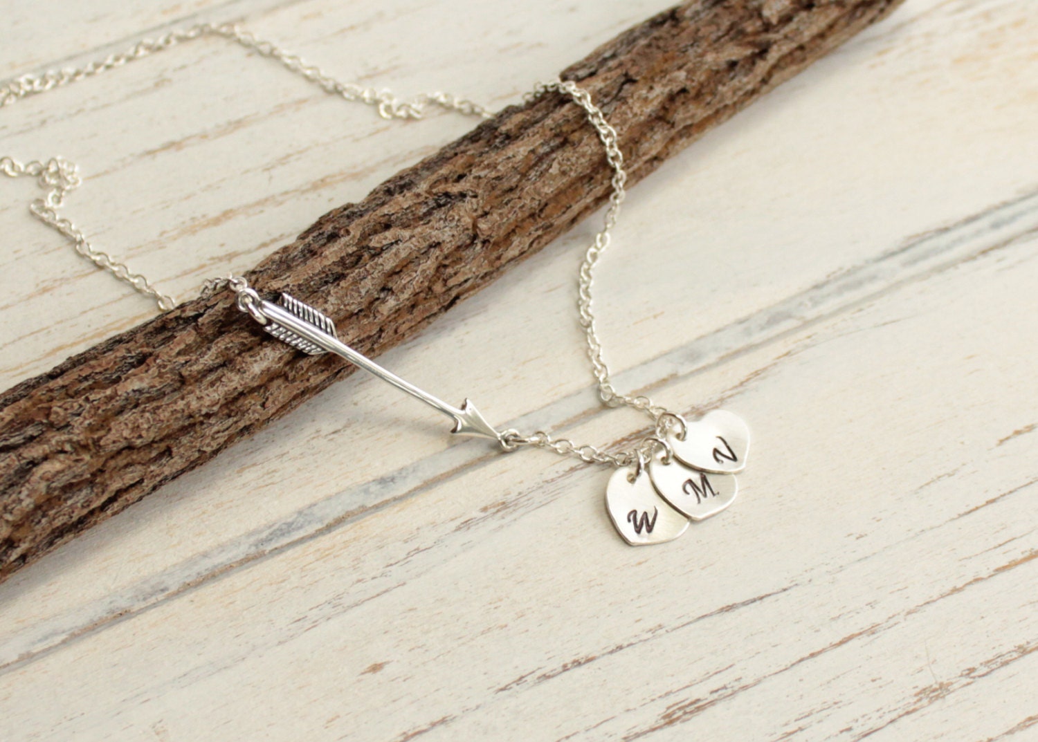 Sterling Silver Arrow Necklace with Family Initial Heart