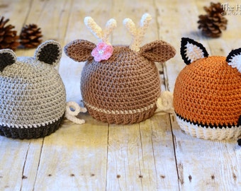 CROCHET PATTERN - Forest Friends - raccoon, deer, and fox hat pattern, 5 sizes (Infant, Baby, Toddler, Child, Adult) - Instant PDF Download