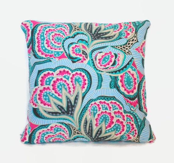 Blue pink decorative pillow covers. Cushion rose floral decor.