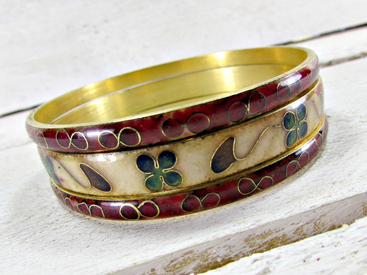 Vintage Cloisonne Enamel Bangle Bracelet Set Red Flower
