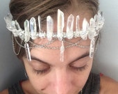 Bohemian Angel Crown, aura quartz crystal crown, raw crystal beaded crown, beaded crystal headpieces, bridal crown, boho bride