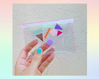 Transparent wallet - clear coin purse - clear card holder - 80's geometric pouch - colorful wallet - 90's fashion - boho gift