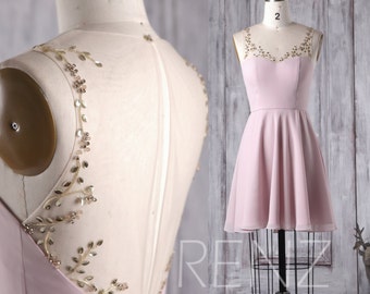2017 Blush Bridesmaid Dress Beading, Sweetheart Illusion Wedding Dress, A Line Prom Dress, Short Chiffon Cocktail Dress Floor Length (H273)