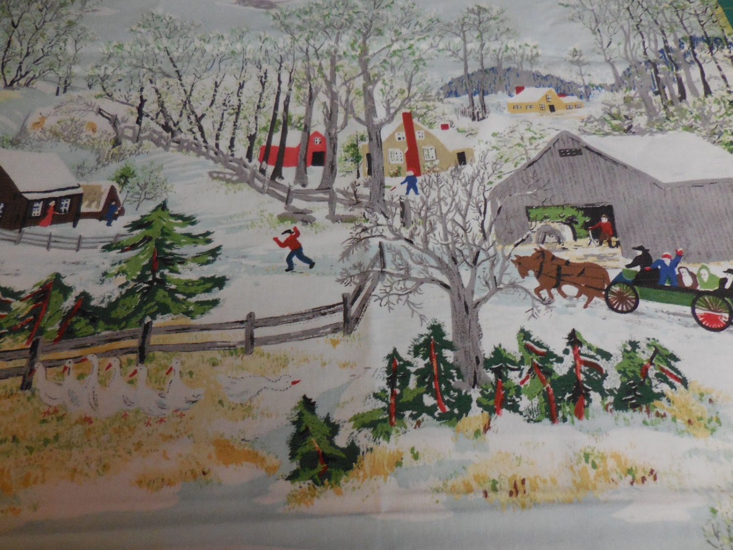 Vintage GRANDMA MOSES Barkcloth Fabric Early Springtime