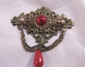 1980's Brass Steampunk, Victorian Styled Brass Brooch