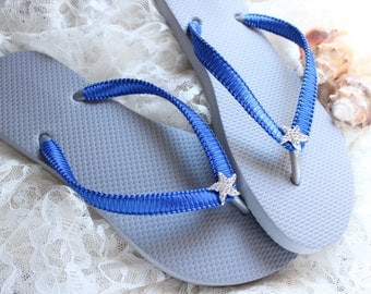 Bridesmaid gift idea, Gray Flip Flops, Royal blue bridal flip flops, Wedding flat shoes, Silver wedding flip flops, beach wedding, cobalt