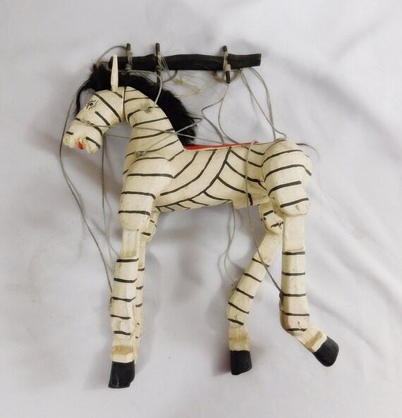 Vintage hand carved zebra puppet by Vincentandtheo