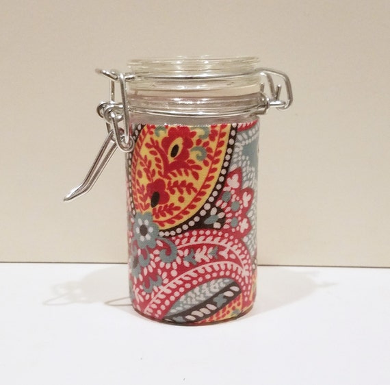 Small Glass Stash Jar LatchTop Jar Yellow Blue Red Flower