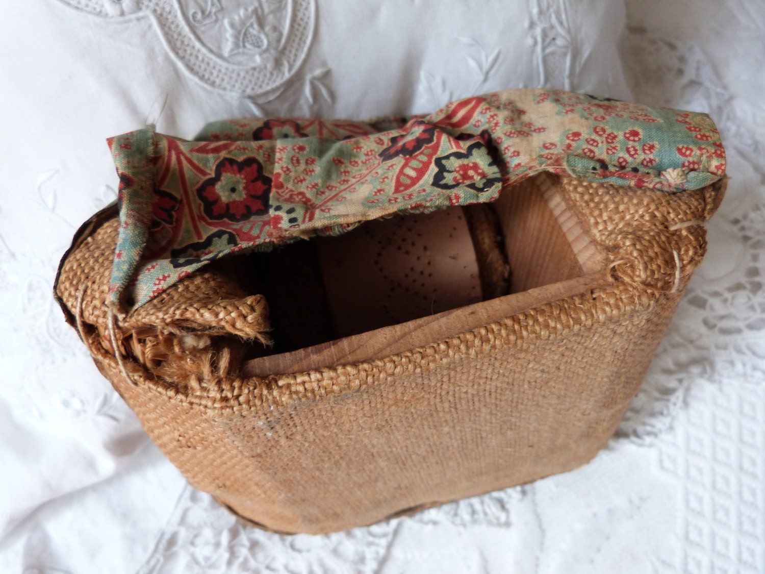 French antique bobbin lace pillow w wooden by