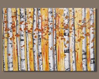 autumn birch tree painting, large abstract painting, quaking aspens, orange, birch tree painting, landscape painting, wall art on canvas,
