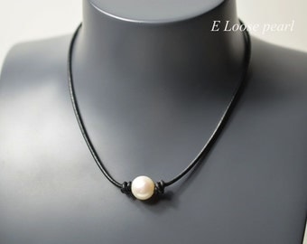 leather pearl necklace real leather necklace leather pearl choker pearl necklace pearl leather necklace white freshwater pearl PL9001