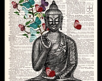 Buddha Butterflies - Vintage Dictionary Print Vintage Book Print Page Art Upcycled Vintage Book Art