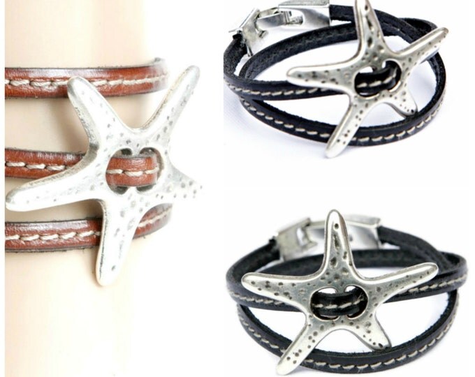 women bracelet, leather bracelet, bracelet, zamak bracelet, star bracelet, leather wrap, uno de 50, silver bracelet, leather for women,