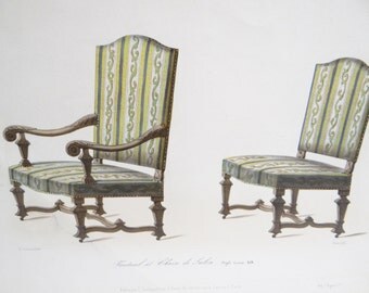 1800's French Hand Tinted Engraving Le Garde-Meuble Collection de Sieges, D. Guilmard